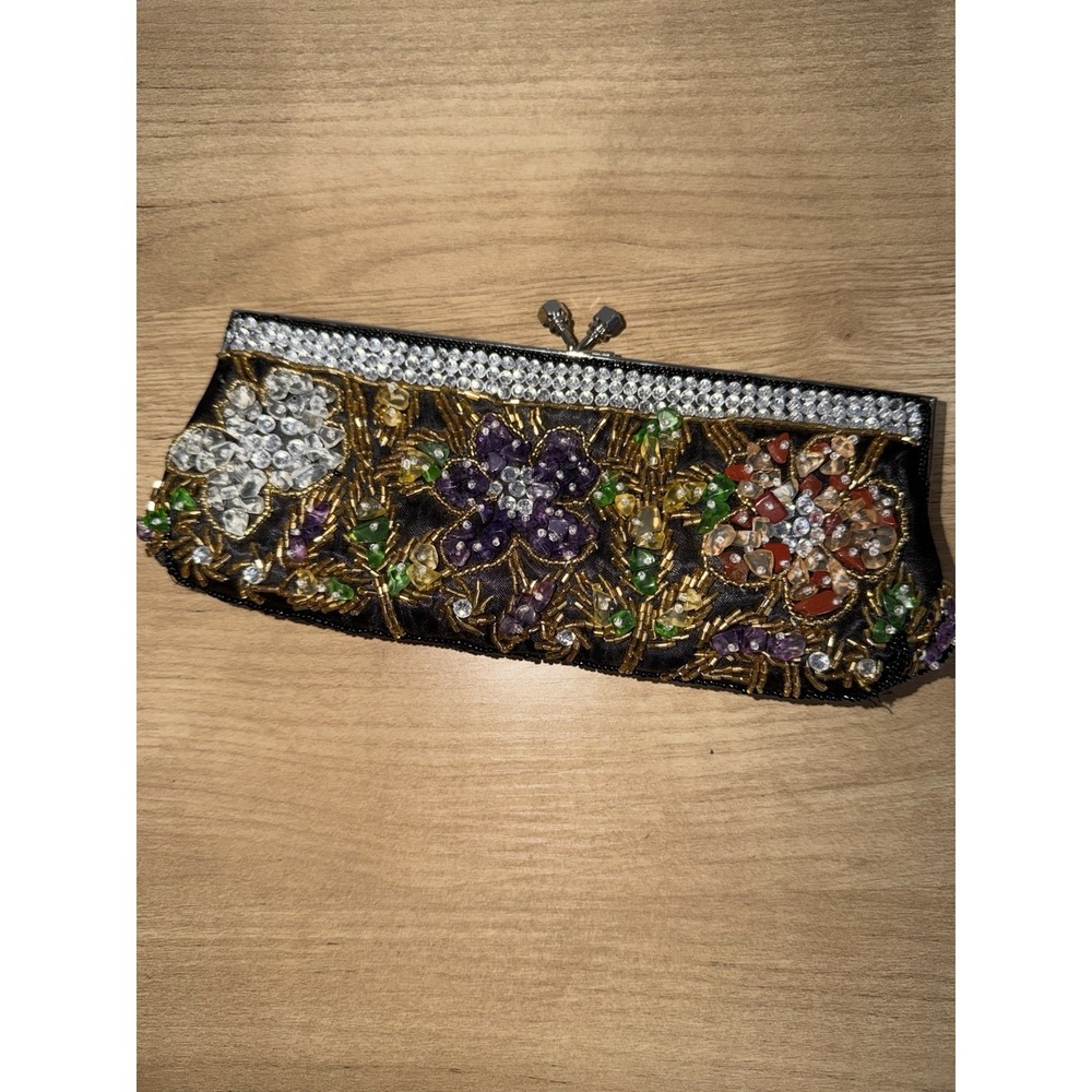 Small Satin Clutch Stitched And Beaded NWOT  Floral Double Strap Handle‎ T
